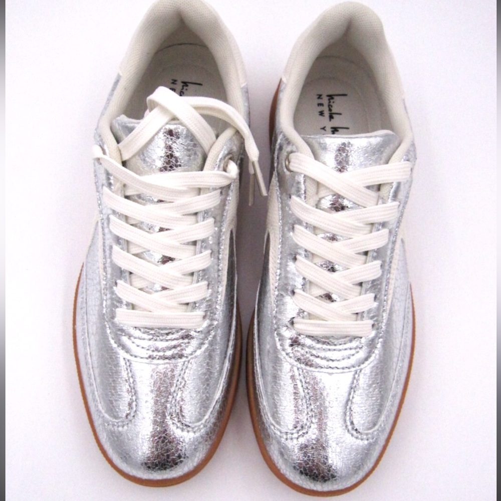 Nicole Miller Breanne Distressed Silver Sneakers Size 7.5 Metallic Leather